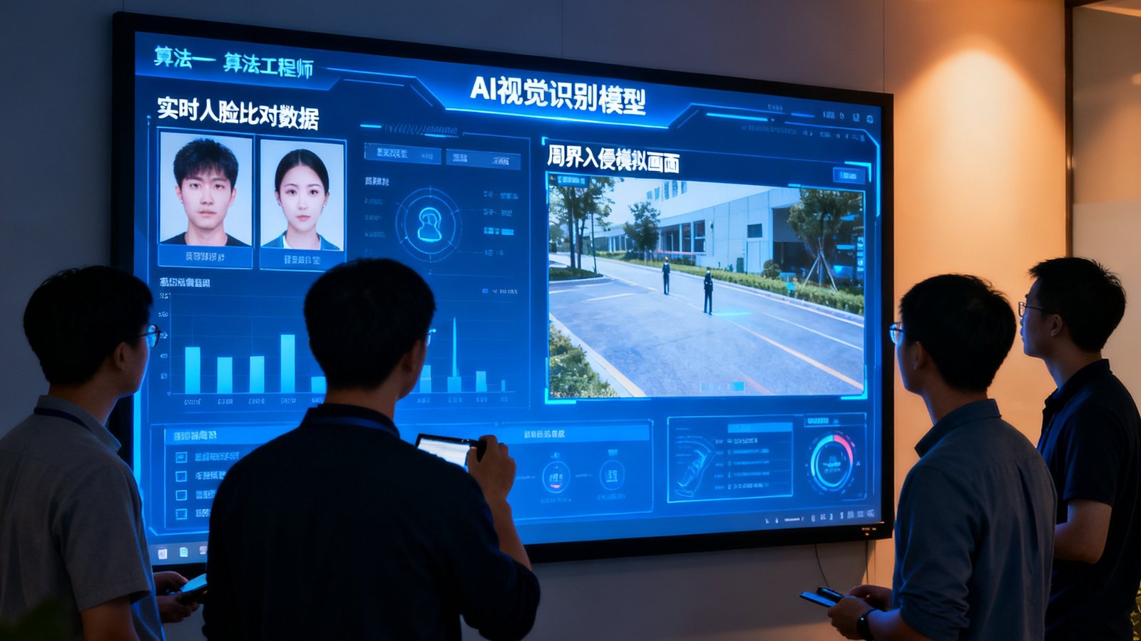 BG视讯深圳研发中心内，算法工程师们正在大屏幕前调试最新一代AI视觉识别模型，屏幕上显示着实时人脸比对数据与周界入侵模拟画面