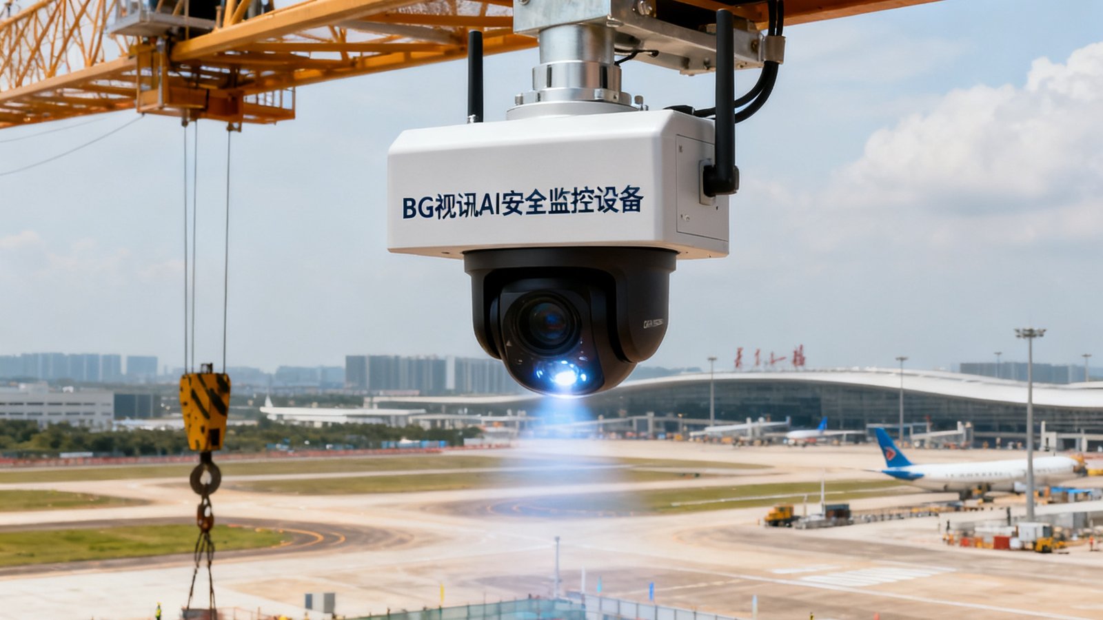广州白云机场三期扩建工程现场，高空塔吊下方安装了BG视讯AI安全监控设备，实时检测工人安全帽佩戴与危险区域闯入