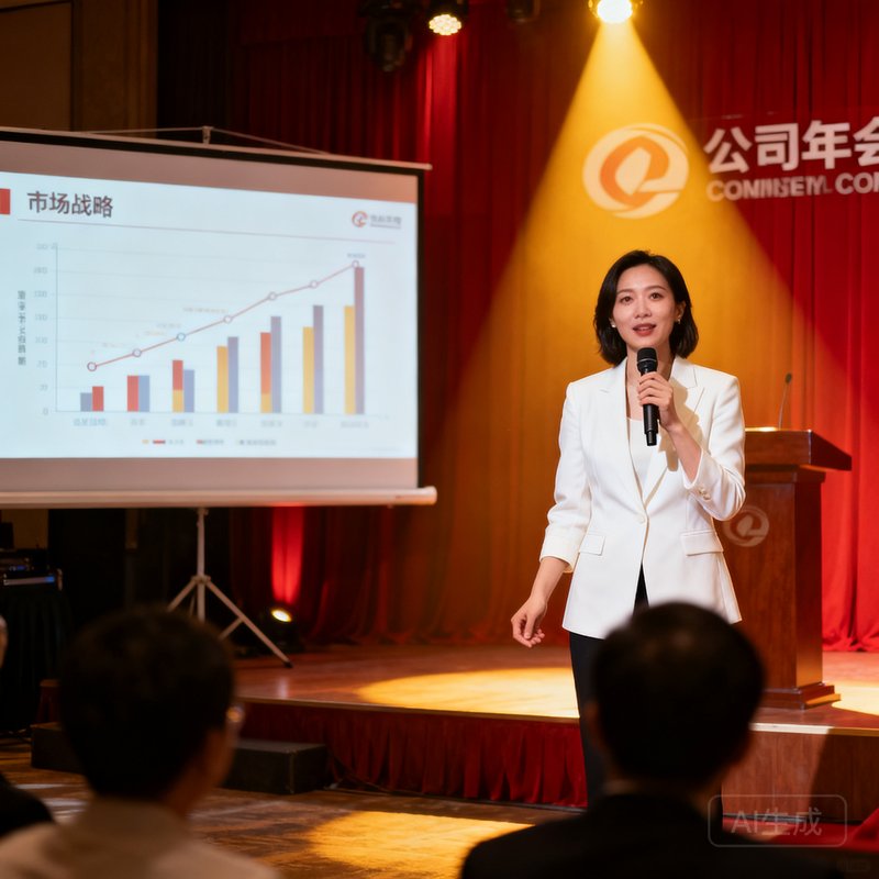 BG视讯CMO周雅婷，一位干练的职场女性，穿着白色西装外套，站在公司年会演讲台上分享市场战略